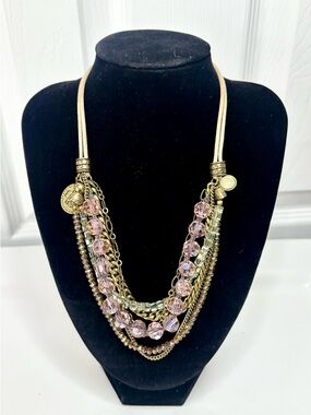 Lizou Multi-Strand Burnished Brass Pink Crystal and Leather Boho Necklace
